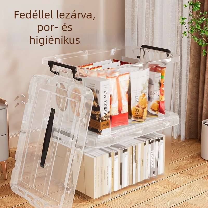 Átlátszó műanyag tároló doboz fedővel, nagy kapacitású, 90–100 L, por- és nedvességálló, ruhákhoz és ágyneműhöz