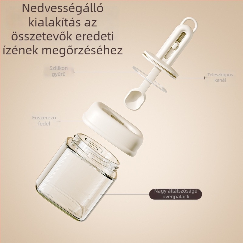 Üveg fűszertartó kihúzható kanállal, hermetikusan zárható és nedvességálló konyhai tároló sóhoz és nátrium-glutamáthoz