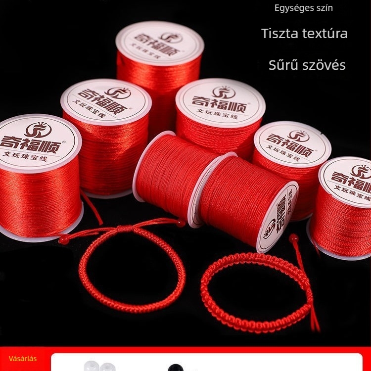 Piros fonalból készült karkötő medállal, kínai csomó, DIY ékszerkészítéshez