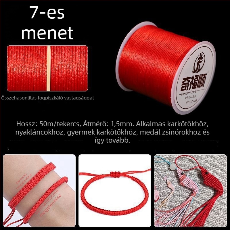 Piros fonalból készült karkötő medállal, kínai csomó, DIY ékszerkészítéshez