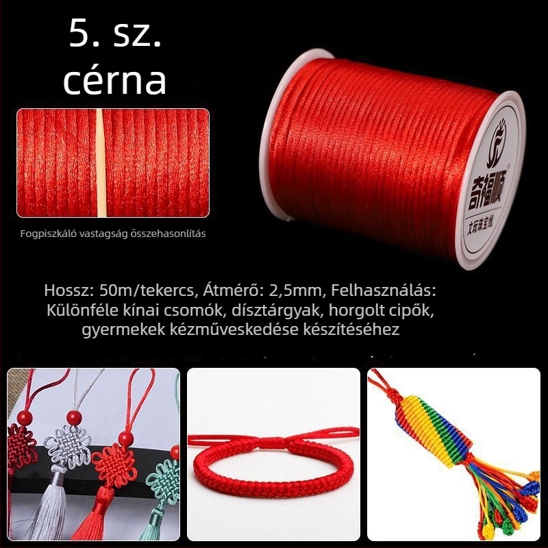 Piros fonalból készült karkötő medállal, kínai csomó, DIY ékszerkészítéshez