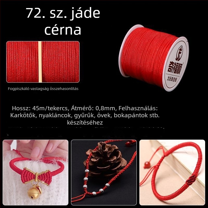 Piros fonalból készült karkötő medállal, kínai csomó, DIY ékszerkészítéshez