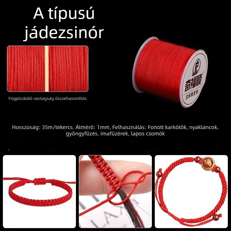 Piros fonalból készült karkötő medállal, kínai csomó, DIY ékszerkészítéshez