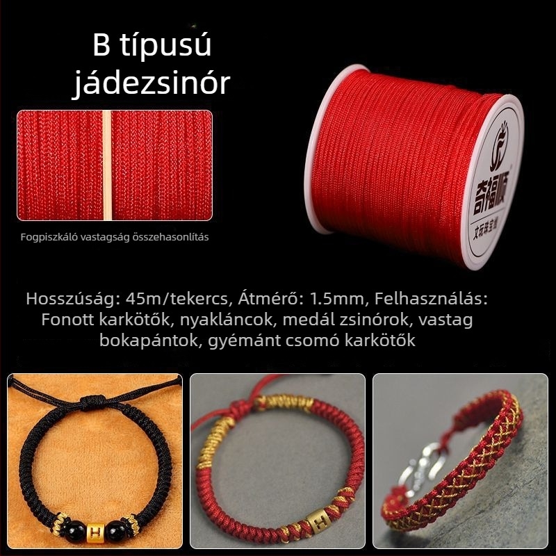 Piros fonalból készült karkötő medállal, kínai csomó, DIY ékszerkészítéshez