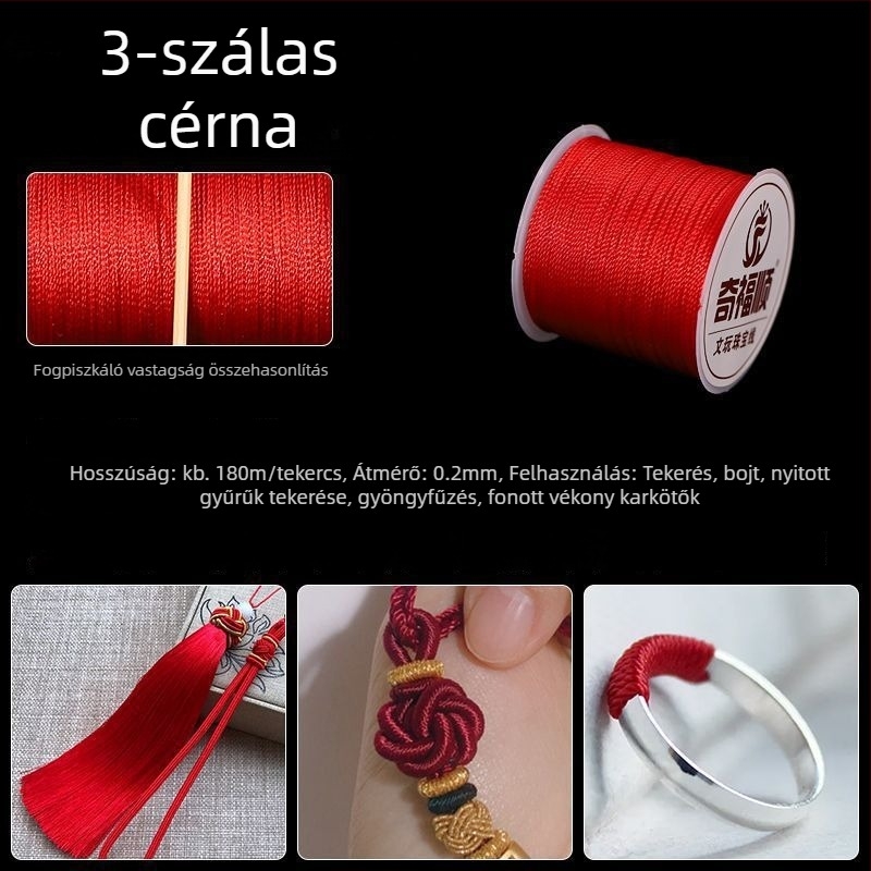 Piros fonalból készült karkötő medállal, kínai csomó, DIY ékszerkészítéshez