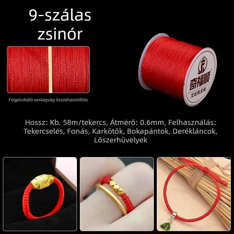 Piros fonalból készült karkötő medállal, kínai csomó, DIY ékszerkészítéshez