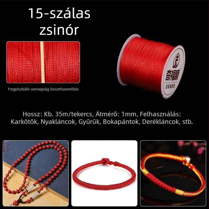 Piros fonalból készült karkötő medállal, kínai csomó, DIY ékszerkészítéshez