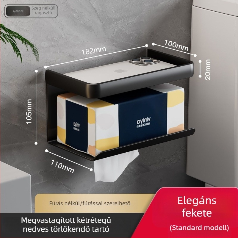 Fali WC-papírtartó papírdoboz és telefon-tárolóval, fürdőszoba, grafitszürke