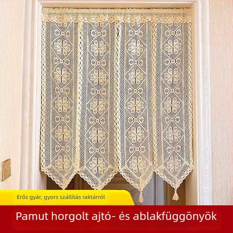 Bohemi stílusú ajtófüggöny horgolt csipével, félfüggöny konyha- és előszoba részére, Feng Shui stílus