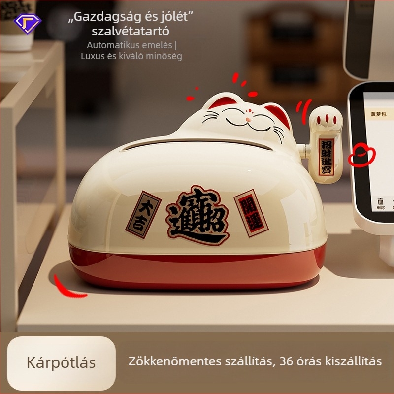 Stílusos asztali papírzsebkendő-doboz rugós mechanizmussal és Szerencsemacska dizájnnal