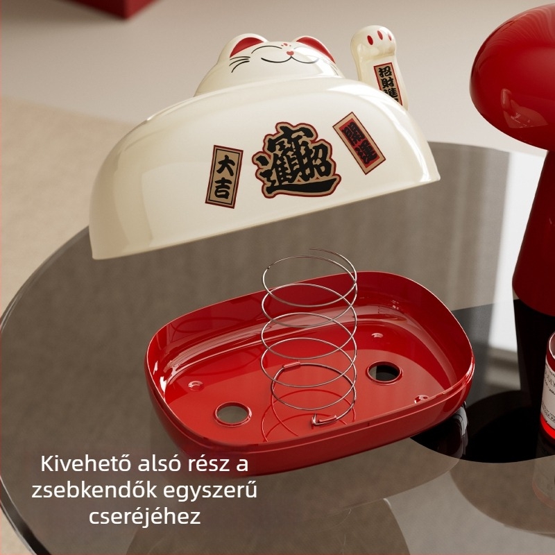 Stílusos asztali papírzsebkendő-doboz rugós mechanizmussal és Szerencsemacska dizájnnal
