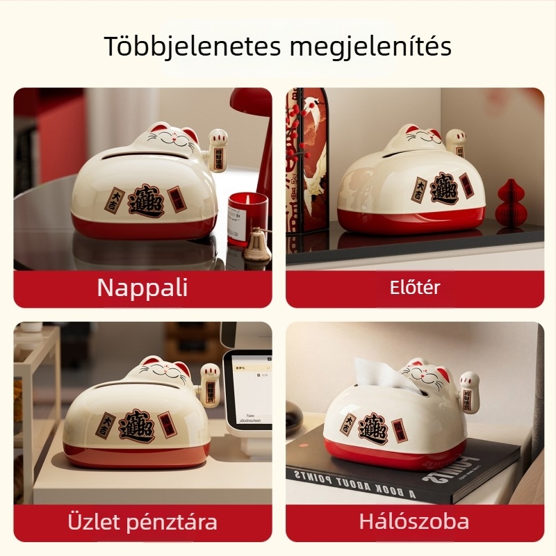 Stílusos asztali papírzsebkendő-doboz rugós mechanizmussal és Szerencsemacska dizájnnal