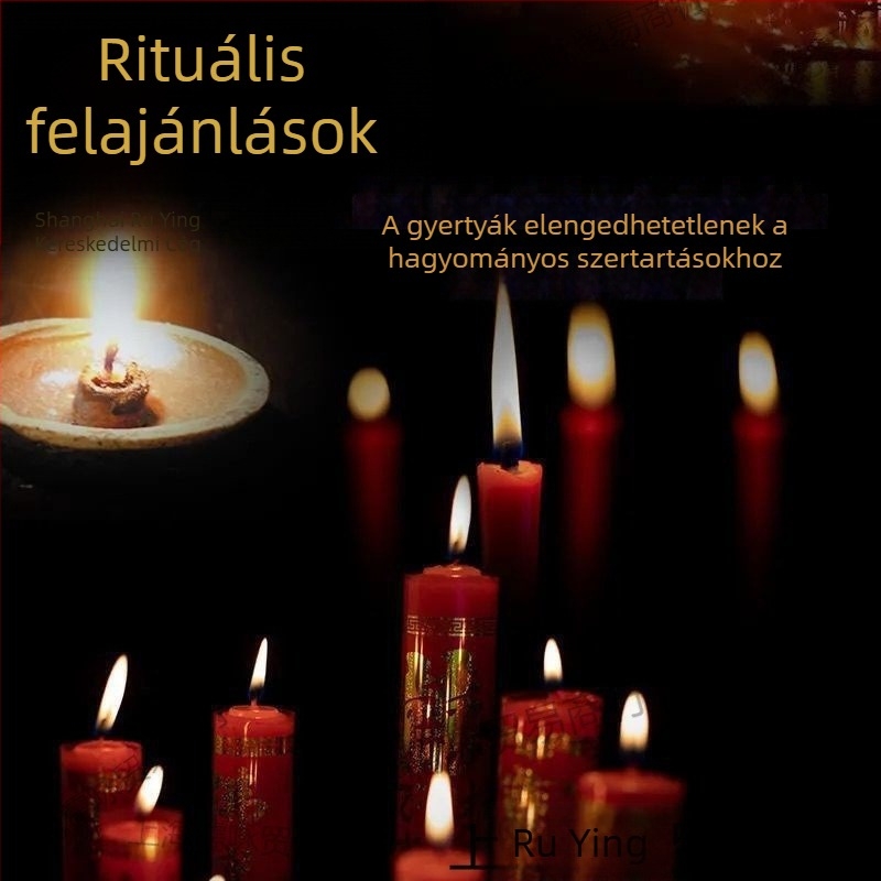 Pálmaviasz gyertya otthoni tiszteletre, éles piros–fehér bambuszpálcikákkal Bodhisattva és a Vagyon Istene felajánlásokhoz Buddha előtt