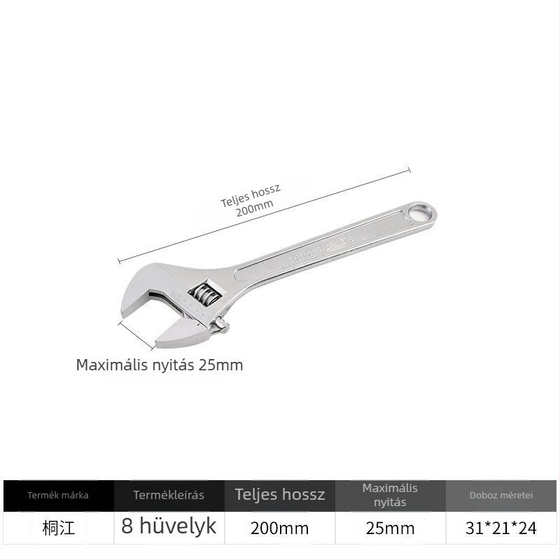 Állítható villáskulcs, mozgó szájjal, széles nyílású, rövid nyélű, méretek 6/8/10/12/15/18/24 hüvelyk