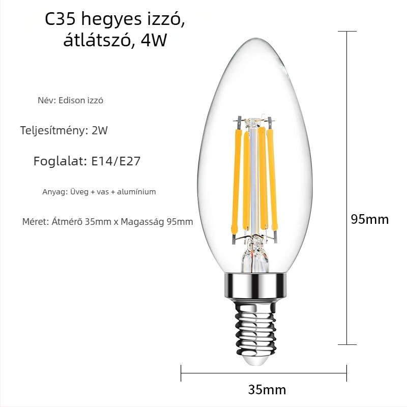 C35 Edison LED szálas izzó, átlátszó üveg, matt gyertyatípusú forma, vintage stílus