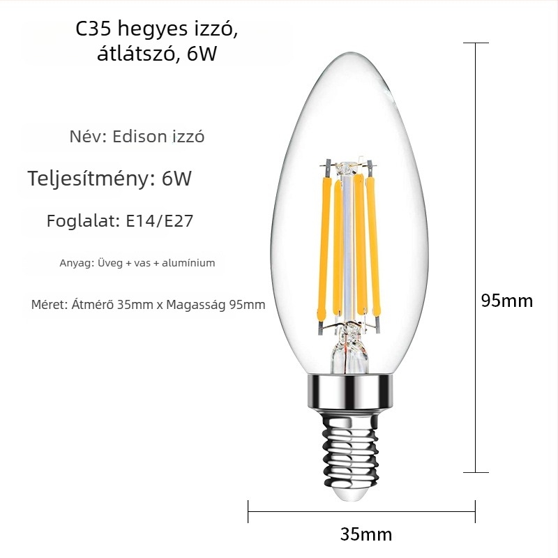 C35 Edison LED szálas izzó, átlátszó üveg, matt gyertyatípusú forma, vintage stílus