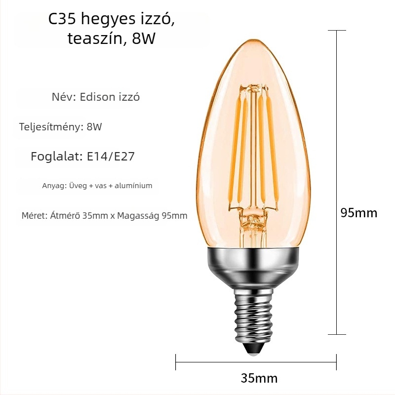 C35 Edison LED szálas izzó, átlátszó üveg, matt gyertyatípusú forma, vintage stílus