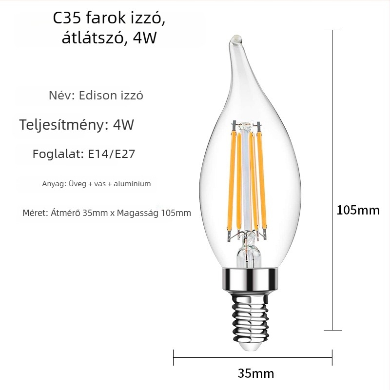 C35 Edison LED szálas izzó, átlátszó üveg, matt gyertyatípusú forma, vintage stílus