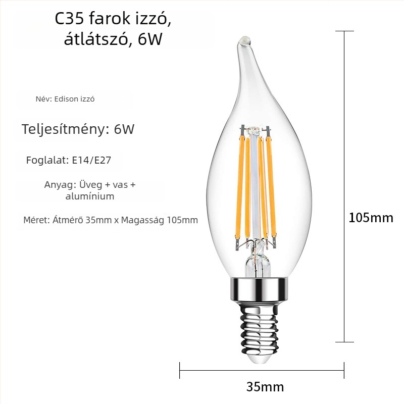 C35 Edison LED szálas izzó, átlátszó üveg, matt gyertyatípusú forma, vintage stílus