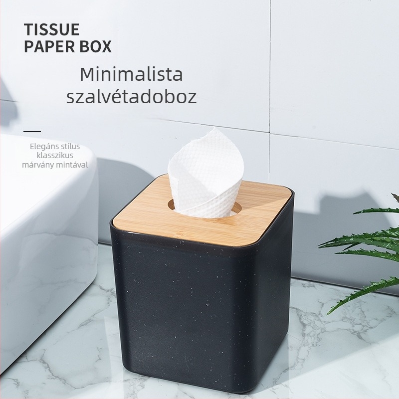 Bambusz fedelű zsebkendő tartó, márvány imitáció dizájn, strapabíró, letisztult stílus, alkalmas több térre