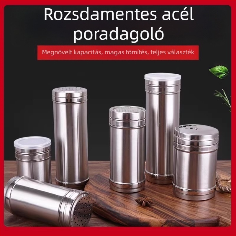 Rozsdamentes acélból készült ízesítő üvegek barbecue-hoz: só, bors, chili, kömény és szezámmag