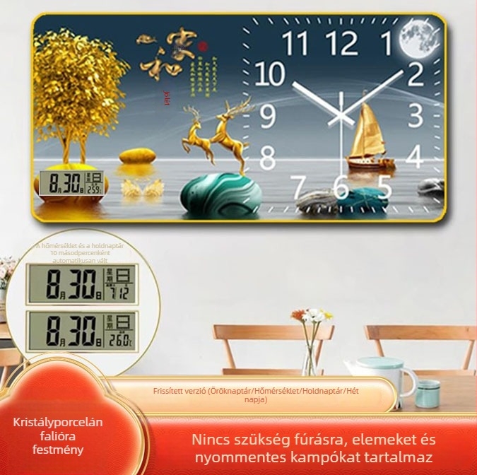 ZB19 Csendes elektromos falióra örök dátummal, keretes táj dekoratív festmény a nappaliba