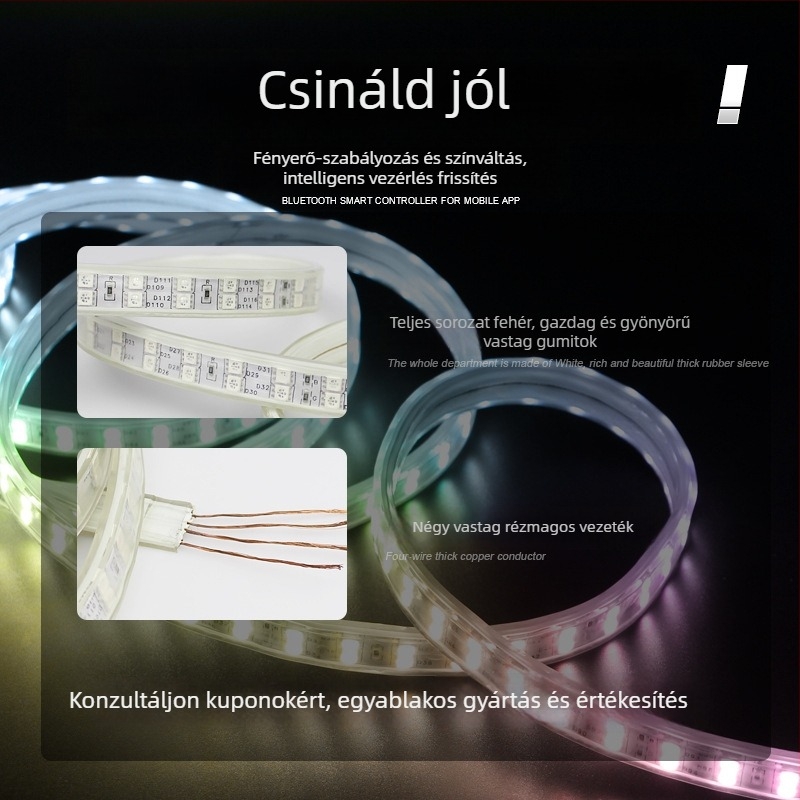 Intelligens Bluetooth-vezérlésű LED-szalag a nappali mennyezetére, neonhatás, hét színű színváltás, kültéri vízálló, 220V