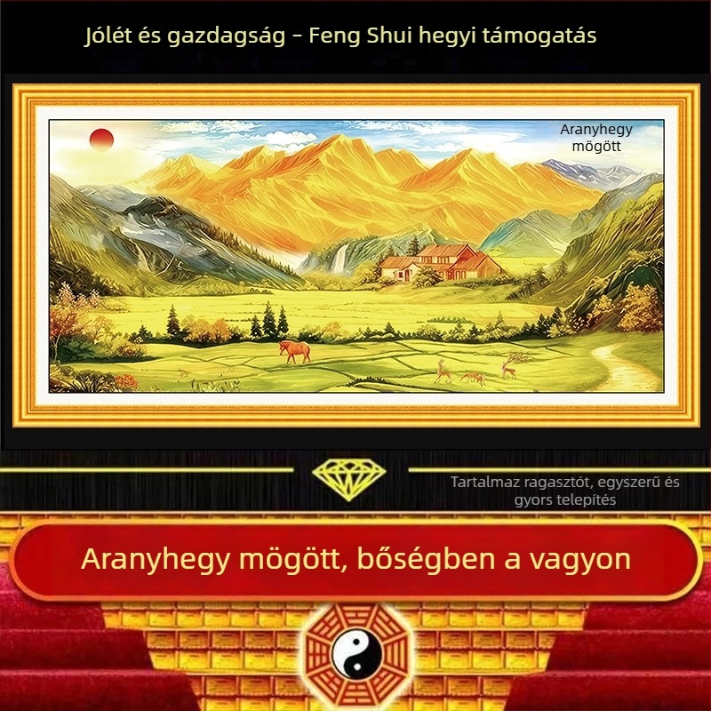 Aranyhegy nappali tájkép dekor festmény, Feng Shui, öntapadós, vízálló falimű, HD minőség