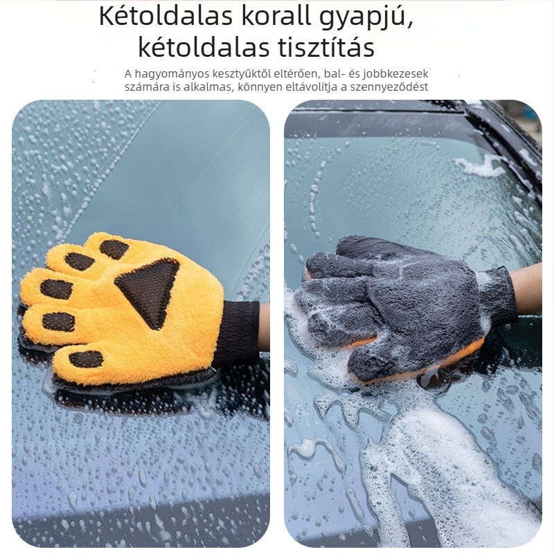 Korall plüss ötujjas autómosó kesztyű, nem hagy nyomokat, por eltávolító tisztító kendő medve mancsa formában