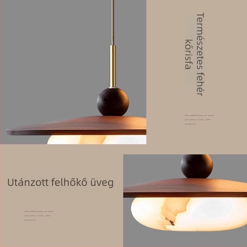 Háromfejű diófa mennyezeti lámpa, étkezőhöz, mid-century modern stílusú, márvány imitációs felülettel