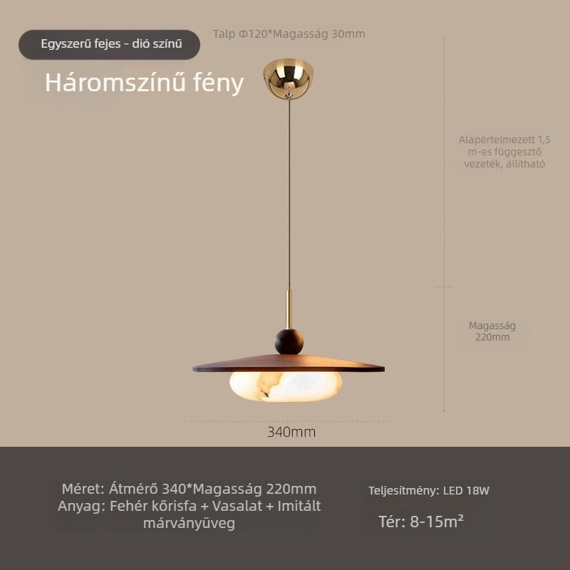 Háromfejű diófa mennyezeti lámpa, étkezőhöz, mid-century modern stílusú, márvány imitációs felülettel