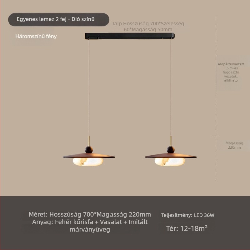 Háromfejű diófa mennyezeti lámpa, étkezőhöz, mid-century modern stílusú, márvány imitációs felülettel