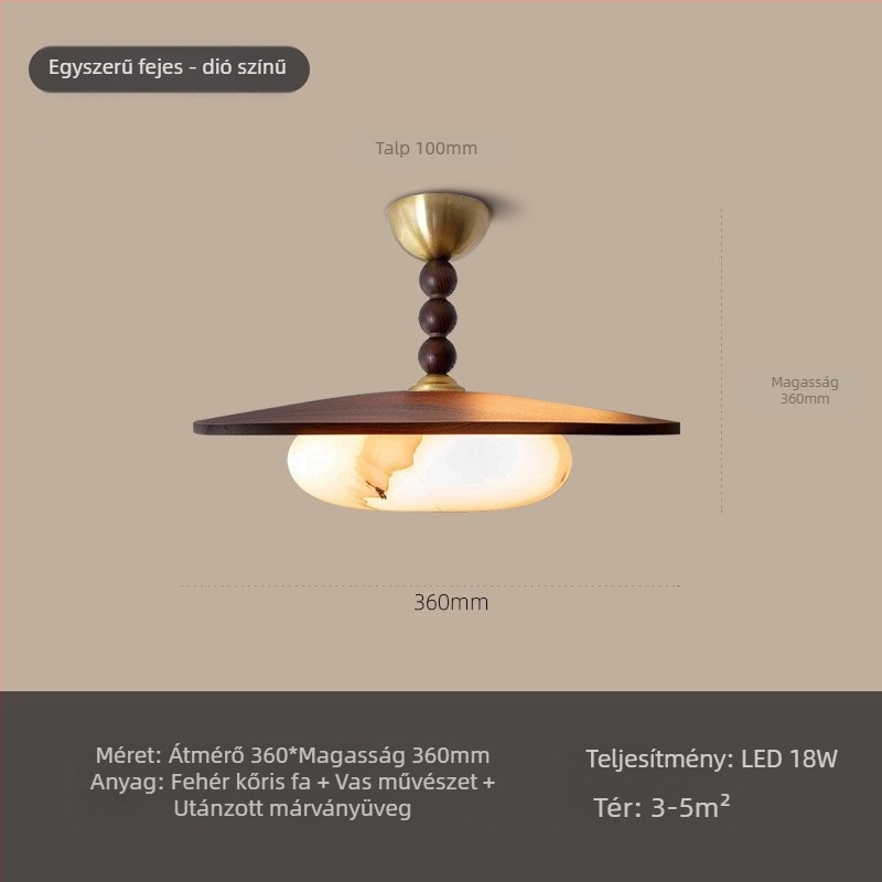 Háromfejű diófa mennyezeti lámpa, étkezőhöz, mid-century modern stílusú, márvány imitációs felülettel