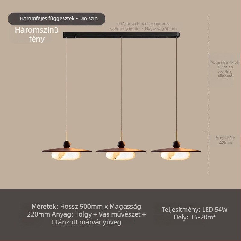 Háromfejű diófa mennyezeti lámpa, étkezőhöz, mid-century modern stílusú, márvány imitációs felülettel