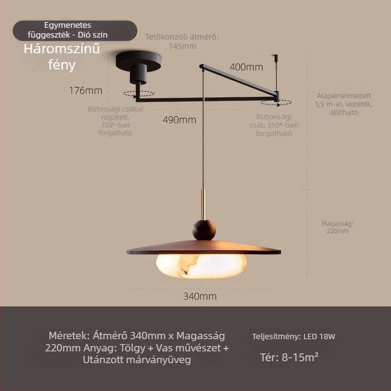 Háromfejű diófa mennyezeti lámpa, étkezőhöz, mid-century modern stílusú, márvány imitációs felülettel