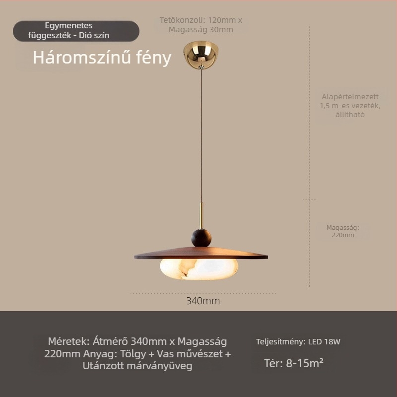 Háromfejű diófa mennyezeti lámpa, étkezőhöz, mid-century modern stílusú, márvány imitációs felülettel