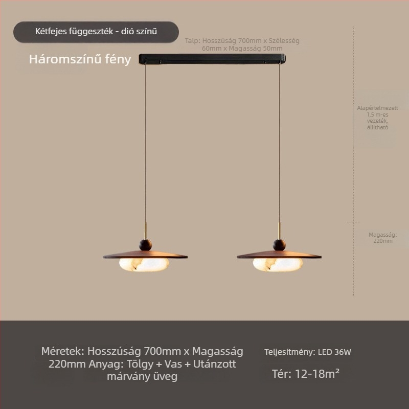 Háromfejű diófa mennyezeti lámpa, étkezőhöz, mid-century modern stílusú, márvány imitációs felülettel