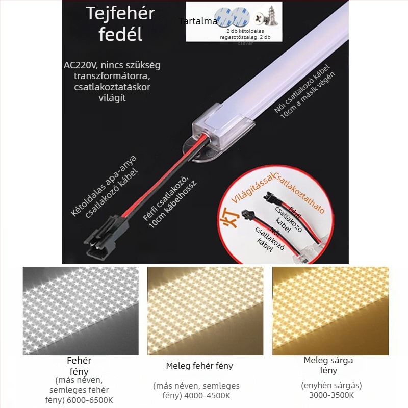 220V LED bútorvilágító szalag, meghajtó nélkül, szekrényekhez, vitrinekhez és polcokhoz; hosszú fénycsík