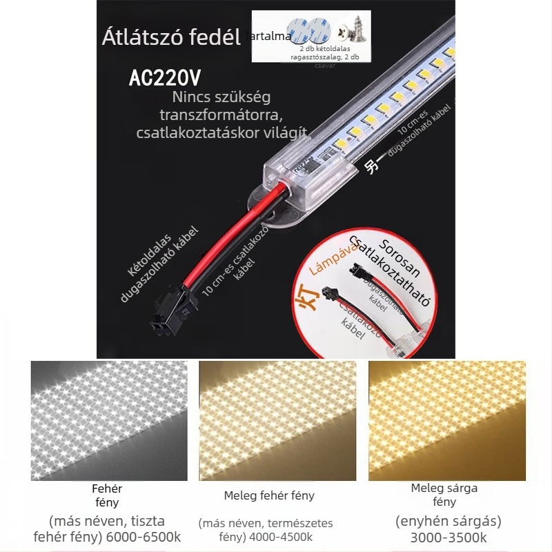 220V LED bútorvilágító szalag, meghajtó nélkül, szekrényekhez, vitrinekhez és polcokhoz; hosszú fénycsík