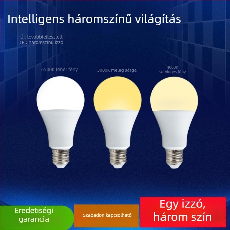 LED izzó háromszínű fényerő-szabályozással, villogásmentes, E27/E26 foglalat, energiatakarékos, erős fény