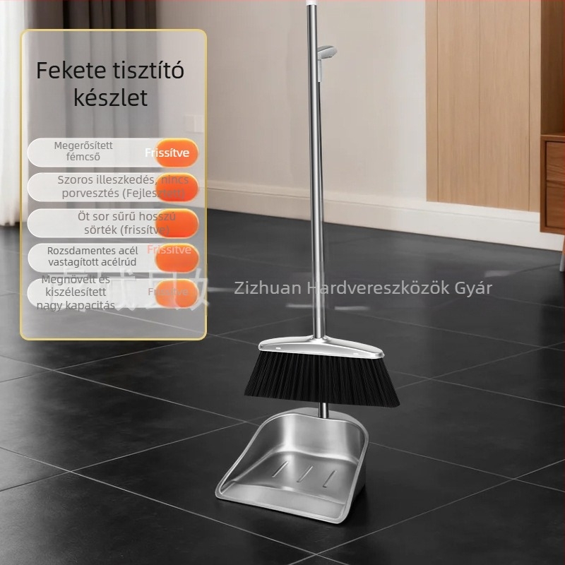 Vastágított rozsdamentes acél seprűkészlet portörlőlapáttal – beltéri és kültéri használatra