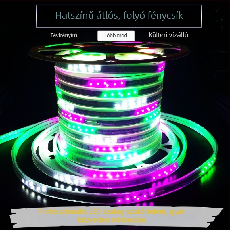 Vitrinákhoz szánt LED csík folyóvíz-effektussal, diagonálisan görgethető felirat, vitrinszint világítás, RGB 16 színű LED-szalag, távirányító, marquee effekt