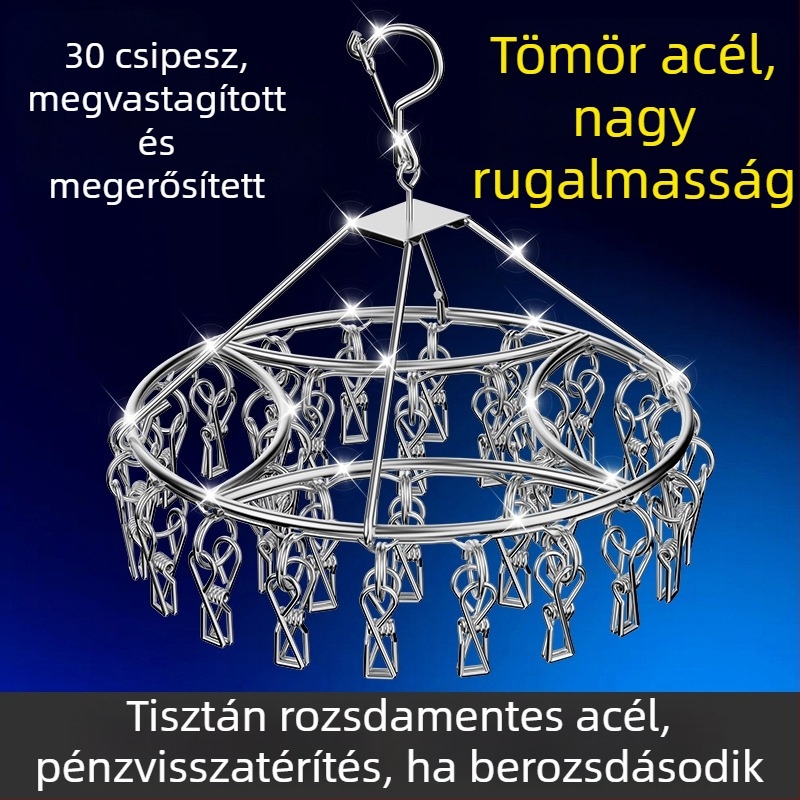 Rozsdamentes acél zoknik és ruhák szárítóállványa, több klippel – kollégiumi használatra, multifunkcionális