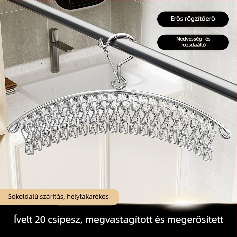 Rozsdamentes acél zoknik és ruhák szárítóállványa, több klippel – kollégiumi használatra, multifunkcionális