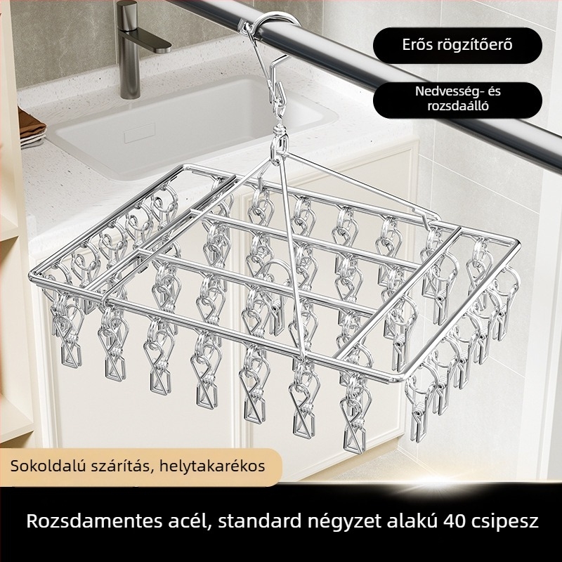 Rozsdamentes acél zoknik és ruhák szárítóállványa, több klippel – kollégiumi használatra, multifunkcionális