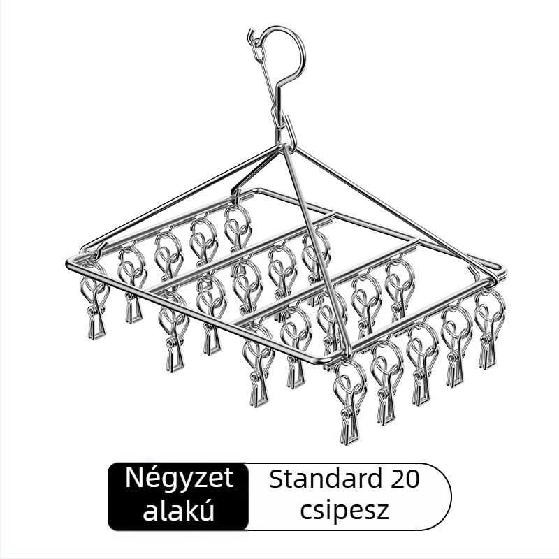 Rozsdamentes acél zoknik és ruhák szárítóállványa, több klippel – kollégiumi használatra, multifunkcionális