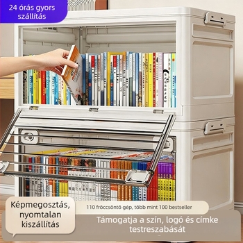 Összecsukható könyvtároló doboz, áttetsző, dupla nyitófedéllel, otthoni és iskolai használatra, 50–60 L