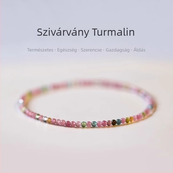 Természetes turmalin- és kristály karkötő: ametiszt, rózsakvarc, achát és jáde – vékony szemekkel fűzve