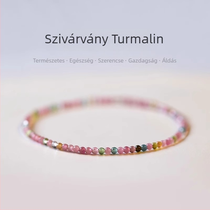 Természetes turmalin- és kristály karkötő: ametiszt, rózsakvarc, achát és jáde – vékony szemekkel fűzve