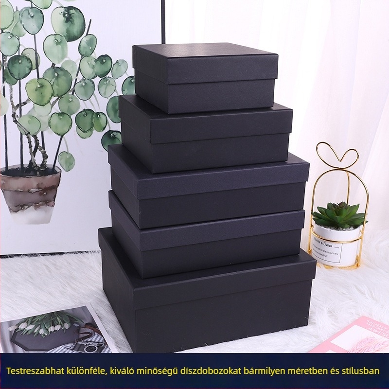 Fekete kartondoboz cipőkhöz, törölköző és ruhadoboz logónyomtatással – két részes fedéllel ellátott díszdoboz
